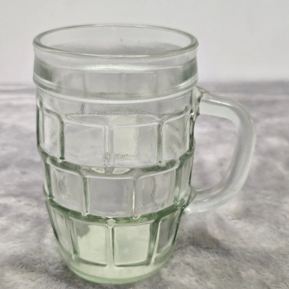 Vintage Dimpled Glass Beer Mug Clear Green Tint Paneled Tankard 4.5 Inch